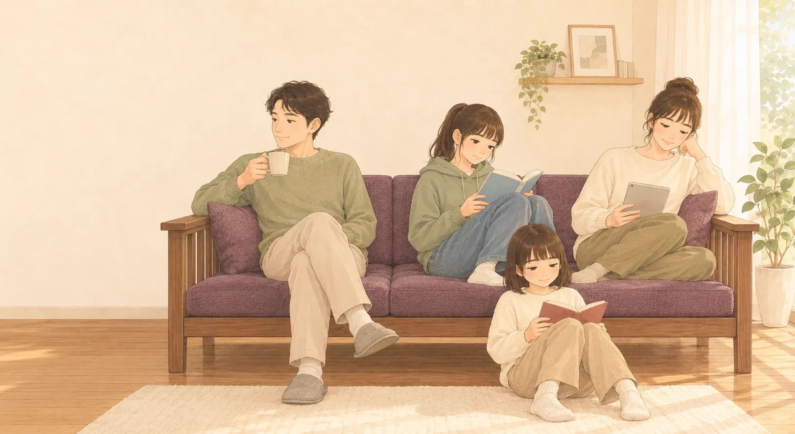 木のソファで思い思いにくつろぐ家族4人のイラスト